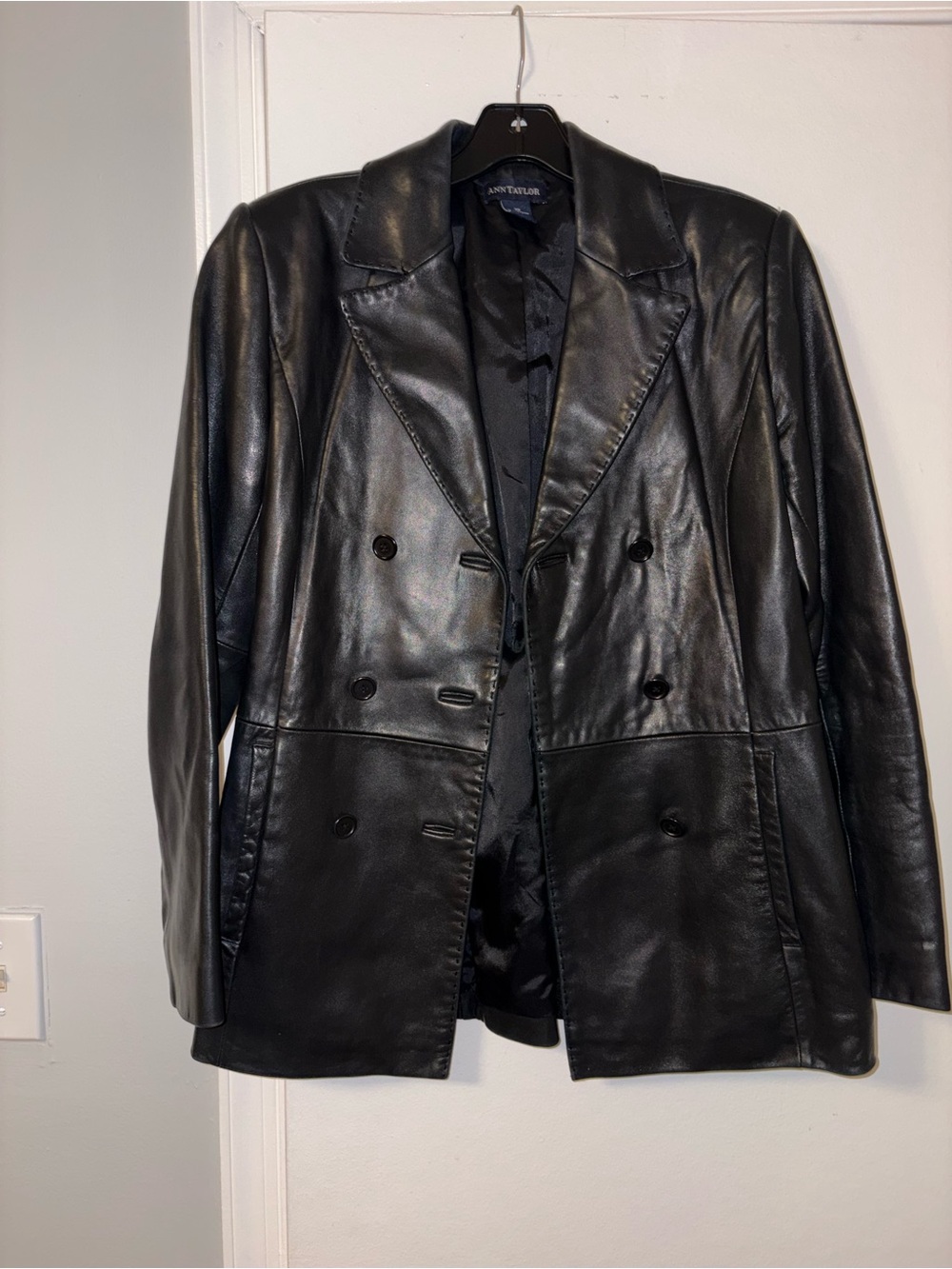 Ann Taylor Black Double-Breasted Leather Pea Coat